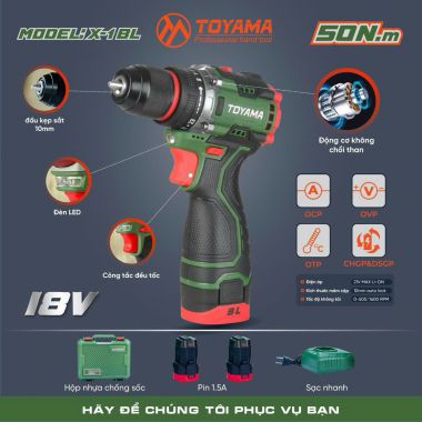 Máy khoan 10mm 50Nm 18V TOYAMA -  X-1BL  động cơ BRUSHLESS